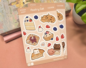 Pastry Cat Sticker Sheet | 3.75' x 5.625' Cute Cat Sticker Waterproof Bakery Stickers Kawaii Vinyl Sticker Funny Decals Cake Stickers