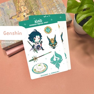 Folha de adesivos Genshin | Folha de adesivos Xiao fofos Adesivos de anime Kawaii Adesivos Genshin Adesivos de vinil Adesivos à prova d'água Adesivos de videogame
