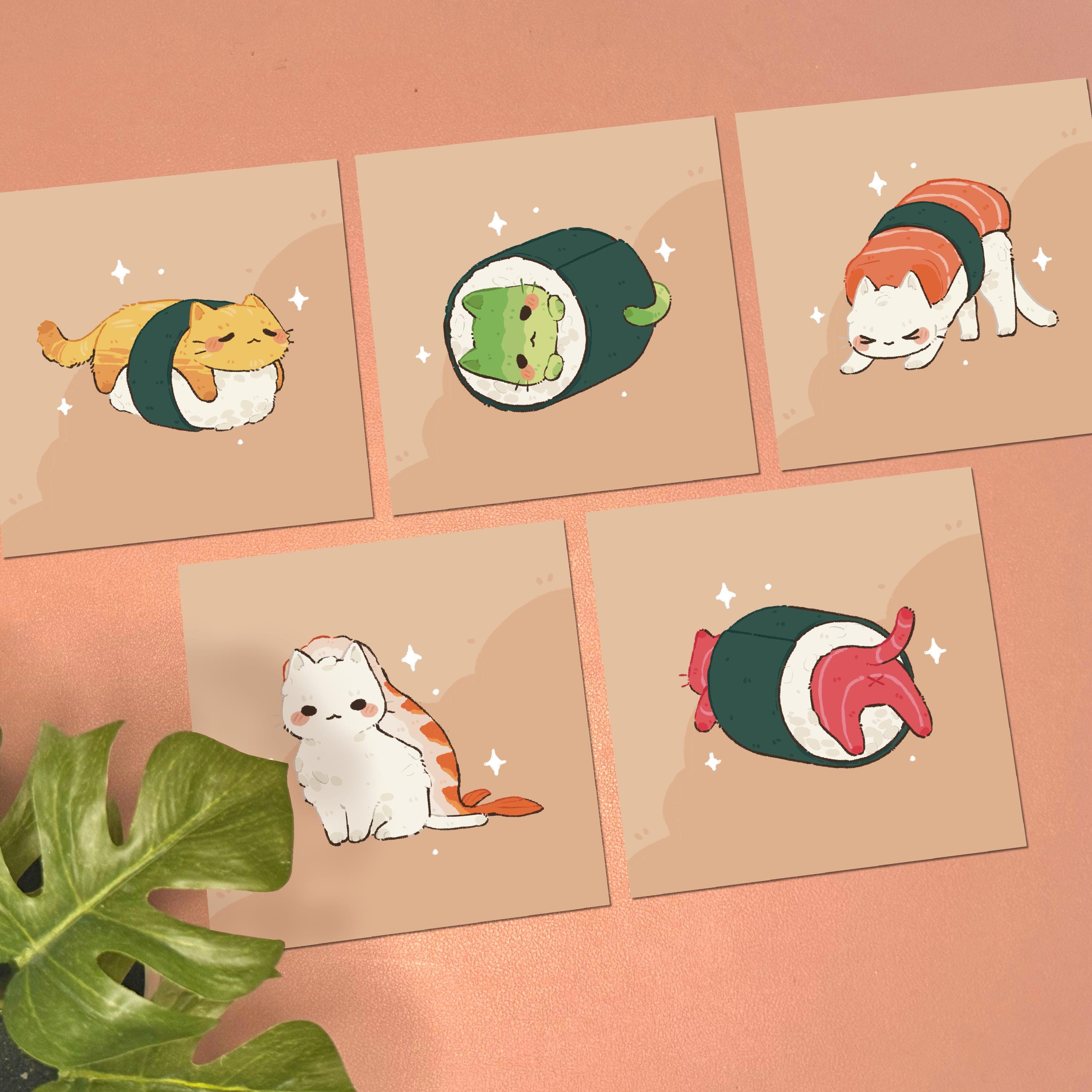 Sushi Cat Art Print | Small Decor Wall Art Print Decor Cute Kawaii Pink ...