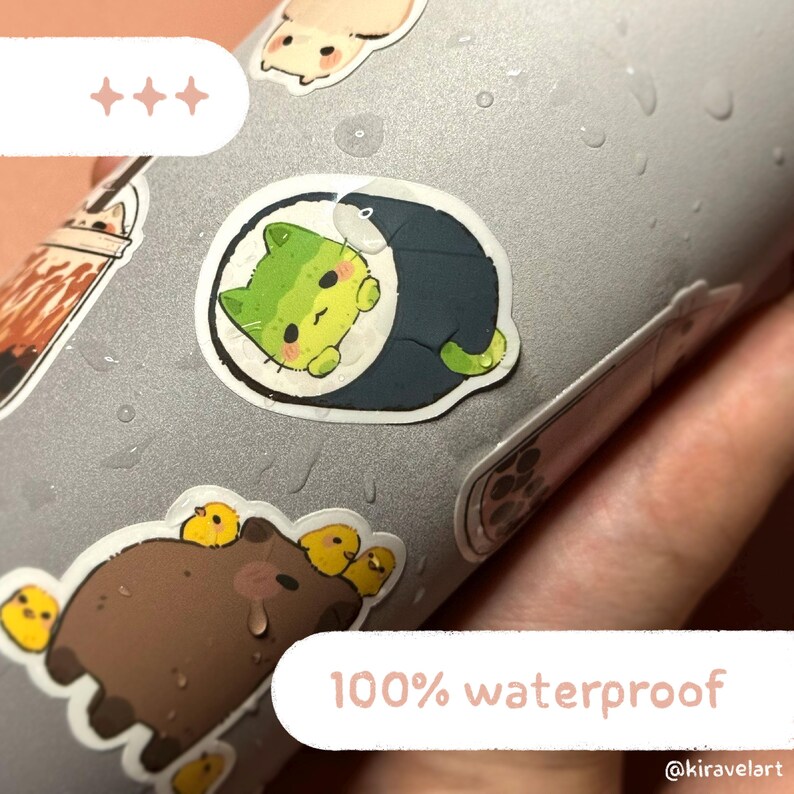 May include: A matte gray water bottle decorated with several vinyl stickers, including a green cat inside a sushi roll, a brown bear with yellow chicks, and a drink cup. The surface of the bottle features small water droplets and text.