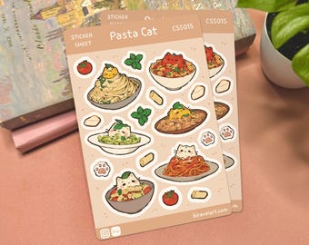 Pasta Cat Sticker Sheet | 3.75' x 5.625' Cute Cat Sticker Waterproof Durable Stickers Kawaii Vinyl Sticker Funny Decals Food Stickers