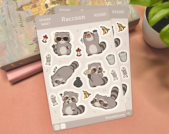 Cute Raccoon Sticker Sheet | 3.75' x 5.625' Cute Animal Sticker Waterproof Durable Stickers Kawaii Vinyl Sticker Funny Decal Stickers
