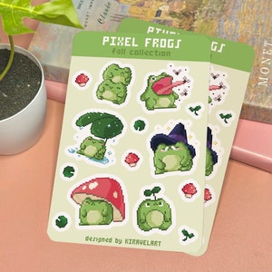 Sticker pixel grenouille | Ensemble d'autocollants rétro en feuille, lot d'autocollants en vinyle, feuille d'autocollants pour Halloween, autocollants grenouille mignonne, cadeau pour autocollant pour enfants