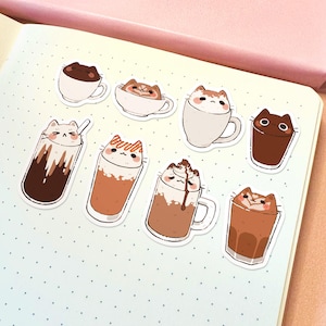 Sticker chat tasse à café | Autocollant chat mignon, autocollants durables imperméables, autocollant kawaii, autocollant en vinyle, ensemble d'autocollants drôles, autocollants latte mignons