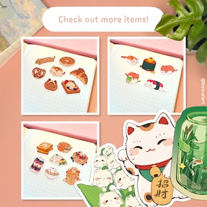 May include: A collection of die-cut stickers featuring various cat-themed illustrations, including cats shaped like bread, sushi, and pancakes, alongside a lucky cat holding a gold coin and a green jar containing a fish and aquatic plants.