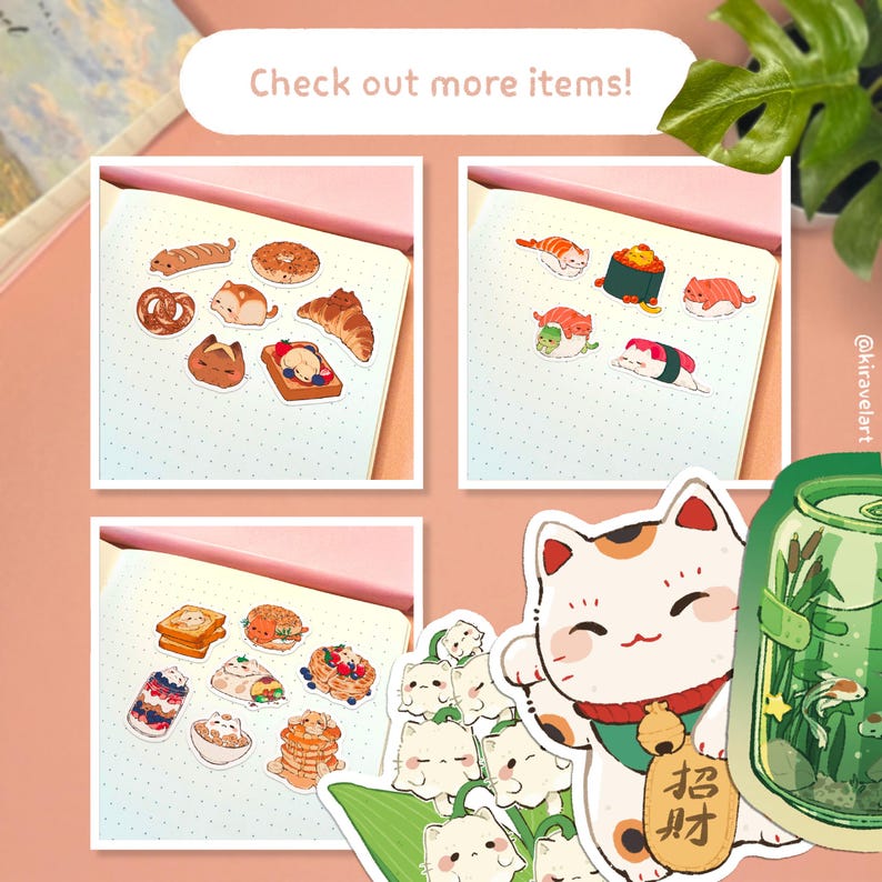 May include: A collection of die-cut stickers featuring various cat-themed illustrations, including cats shaped like bread, sushi, and pancakes, alongside a lucky cat holding a gold coin and a green jar containing a fish and aquatic plants.
