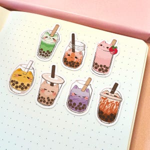 Ensemble d'autocollants chat Boba | Autocollant chat mignon, autocollants durables imperméables, autocollant kawaii, autocollant en vinyle, ensemble d'autocollants drôles, autocollants de thé à bulles, mignon