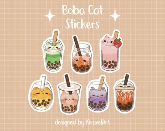 Boba Cat Sticker Set | Cute Cat Sticker Waterproof Durable Stickers Kawaii Sticker Vinyl Sticker Funny Sticker Set Bubble Tea Stickers Cute