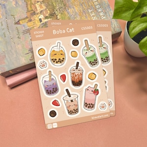 Boba Cat Sticker Sheet | 3.75' x 5.625' Cute Cat Sticker Waterproof Durable Stickers Kawaii Vinyl Sticker Funny Decals Bubble Tea Stickers