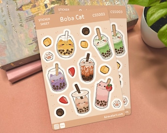 Boba Cat Sticker Sheet | 3.75' x 5.625' Cute Cat Sticker Waterproof Durable Stickers Kawaii Vinyl Sticker Funny Decals Bubble Tea Stickers