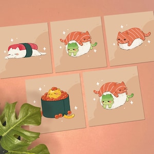 Sushi Cat Art Print | Small Decor Wall Art Print Decor Cute Kawaii Pink Print Small Room Wall Art Prints Poster Handmade Art 4&#39;x4&#39; Prints