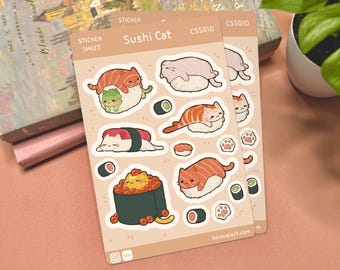 Sushi Cat Sticker Sheet | 3.75' x 5.625' Cute Cat Sticker Waterproof Durable Stickers Kawaii Vinyl Sticker Funny Decals Sushi Stickers