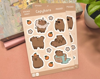 Cute Capybara Sticker Sheet | 3.75' x 5.625' Cute Animal Sticker Waterproof Durable Stickers Kawaii Vinyl Sticker Funny Decal Stickers
