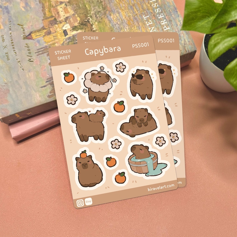 Cute Capybara Sticker Sheet | 3.75' x 5.625' Cute Animal Sticker Waterproof Durable Stickers Kawaii Vinyl Sticker Funny Decal Stickers image 1