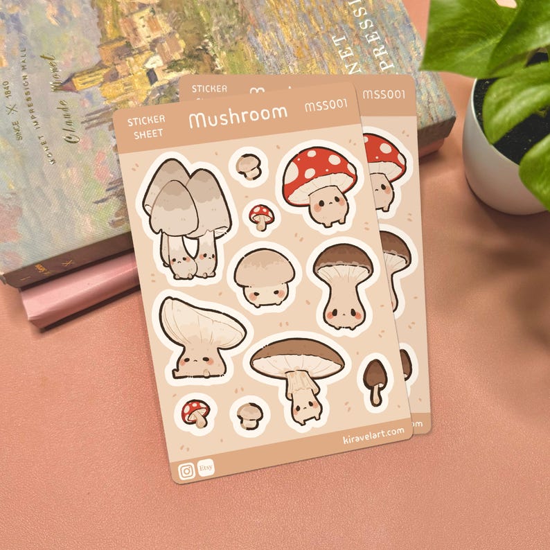May include: A beige sticker sheet titled Mushroom MSS001 featuring various cartoon mushroom illustrations with faces. The sheet includes several brown, tan, and red-capped fungi in different shapes and sizes, all with simple, cute expressions.