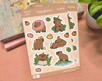 Cute Capybara Sticker Sheet | 3.75' x 5.625' Cute Animal Sticker Waterproof Durable Stickers Kawaii Vinyl Sticker Funny Decal Stickers