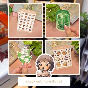 May include: A collection of sticker sheets and individual die-cut stickers featuring various illustrations including a mini bakery set, a green soda can with koi fish, lily of the valley flowers with cat faces, a character drinking boba, and brunch cats.