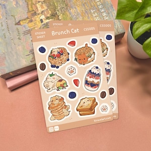 Brunch Cat Sticker Sheet | 3.75' x 5.625' Cute Cat Sticker Waterproof Durable Stickers Kawaii Vinyl Sticker Funny Decals Breakfast Stickers
