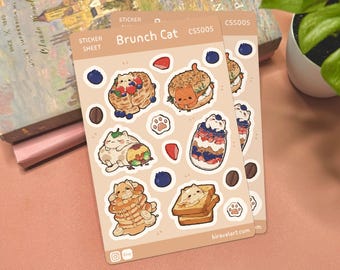 Brunch Cat Sticker Sheet | 3.75' x 5.625' Cute Cat Sticker Waterproof Durable Stickers Kawaii Vinyl Sticker Funny Decals Breakfast Stickers