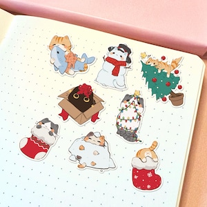 Ensemble d'autocollants chat de Noël | Pack d'autocollants chat mignon Stickers imperméables Sticker kawaii Sticker vinyle Sticker pour ordinateur portable Sticker festif chat