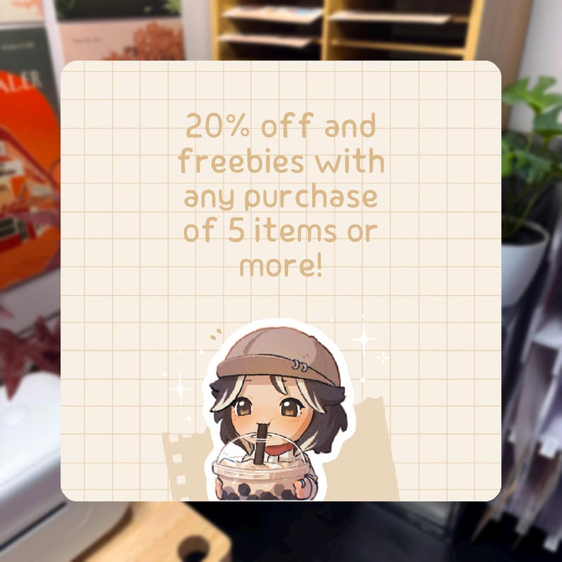 May include: A square graphic with a beige grid background featuring the text 20% off and freebies with any purchase of 5 items or more! Below the text is a cartoon illustration of a character wearing a brown hat and holding a bubble tea drink.