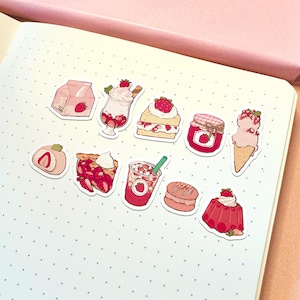 Conjunto de adesivos de morango | Pacote de adesivos fofos Adesivos à prova d'água Adesivos rosa Adesivo Kawaii Presente de amante rosa Adesivo de comida fofo Adesivo de frutas