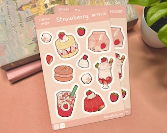 Foglio di adesivi Strawberry Delights / 3,75' x 5,625' Adesivi carini con bacche Adesivi impermeabili Adesivi in vinile rosa Kawaii Adesivi per dessert