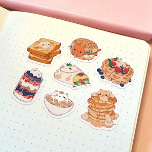 Juego de pegatinas de gato para el desayuno / Pegatinas de gato lindas, resistentes al agua y duraderas, pegatinas de vinilo kawaii, juego de pegatinas de comida, pegatinas de comida lindas