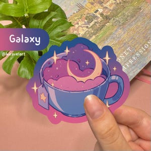 Autocollant holographique mignon | Sticker esthétique espace Stickers kawaii Grand Sticker Holo Sticker espace tasse de thé Galaxy Sticker