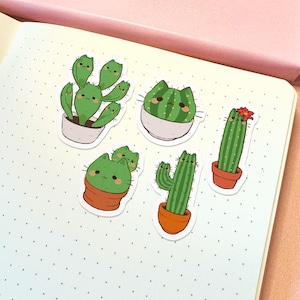 Juego de pegatinas de cactus y gatos / Paquete de pegatinas de gatos bonitos Pegatinas resistentes al agua y duraderas Pegatinas de vinilo para niños Juego de pegatinas divertidas Pegatinas de plantas bonitas