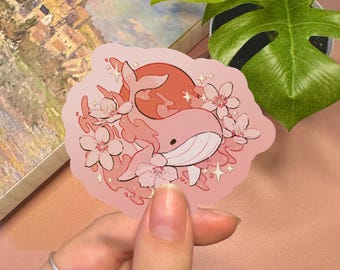 Cute Sakura Whale Sticker | Aesthetic Sticker Cute Whale Sticker Waterproof Sticker Laptop Sticker Fantasy Sticker Cute Animal Stickers