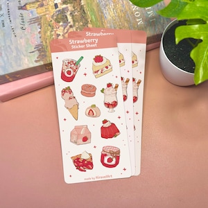 Jolie feuille d'autocollants aux fraises | Jolie feuille d'autocollants roses, autocollants kawaii, autocollant alimentaire, autocollants en vinyle pour journal, autocollants mignons de papeterie