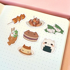 Ensemble d'autocollants pour chats japonais Snacks | Lot d'autocollants chat mignon Autocollants imperméables Autocollant alimentaire Autocollants en vinyle Ensemble d'autocollants japonais