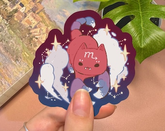 Adesivo in vinile con gatto dello zodiaco Scorpione / 7,6 cm (3 pollici) Impermeabile Carino e Kawaii Adesivo Gattino Cosmico Rosso e Blu Celeste Tema Animale