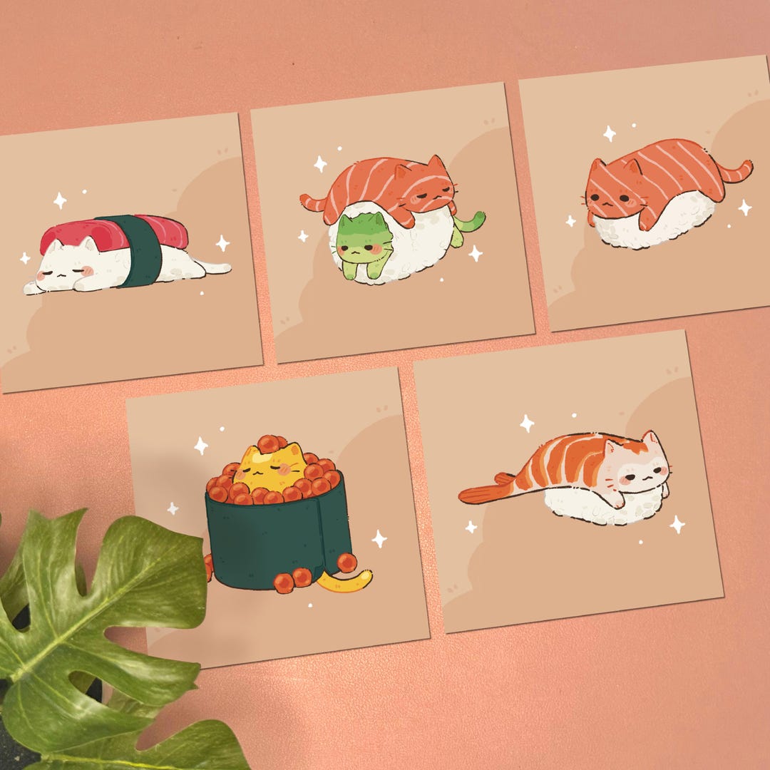 Sushi Cat Art Print | Small Decor Wall Art Print Decor Cute Kawaii Pink ...
