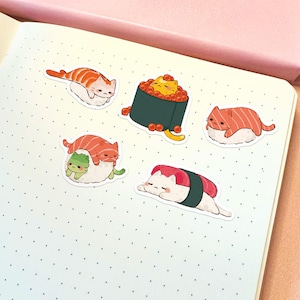 Adesivos de Gato Fofos | Pacote de Adesivos Fofos Adesivos Fofos Adesivos Kawaii Adesivos Impermeáveis Adesivos de Comida de Gato Adesivos de Gatos Adesivos de Vinil Adesivos de Sushi