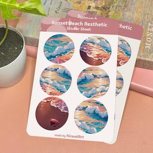 Foglio di adesivi estetici per spiaggia al tramonto / Foglio di adesivi per oceano Adesivi rosa Adesivi carini Adesivi in vinile Adesivi per diario Adesivi carini per cancelleria
