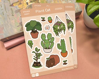 Plant Cat Sticker Sheet | 3.75' x 5.625' Cute Cat Sticker Waterproof Plant Stickers Kawaii Vinyl Sticker Funny Decals Cactus Stickers