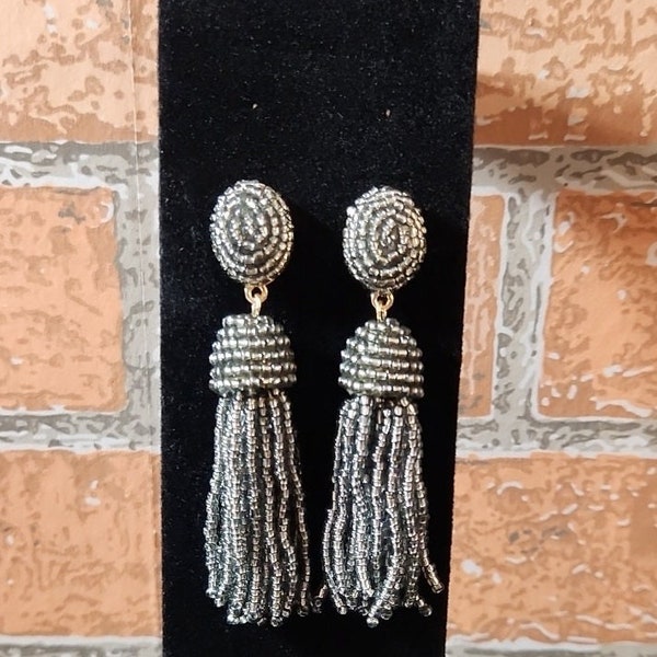 SUGARFIX by BaubleBar Polished Beaded Tassel Earrings Silver Gray Dangle New
