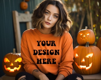 Halloween-modeller Gildan 18000-modell av tröja Modell Gildan 18000 Orange modell Halloween-estetisk modell Gildan-tröja Höstmodell