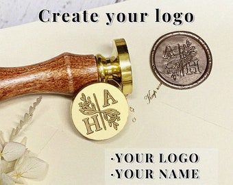 Peut inclure: Un tampon de sceau en cire doré avec une poignée en bois. Le tampon présente un motif de deux initiales, "H" et "A", avec un motif floral. Le texte "Create your logo", "YOUR LOGO", "YOUR NAME", et "YOUR DESIGN" est également visible.
