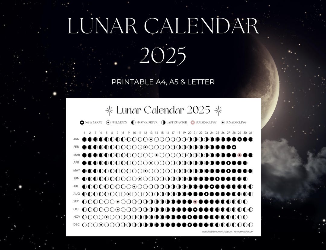 Lunar Calendar Printable | Moon Calendar | Lunar Phases | Moon