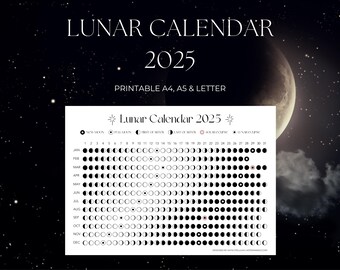 Lunar Calendar Printable | Moon Calendar | Lunar Phases | Moon Phases | Moon Journal | Moon Cycle