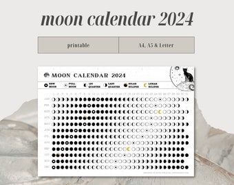 Moon Calendar Printable // Lunar Calendar 2024 // Moon Phases // Lunar Phases // A4, A5 & Letter