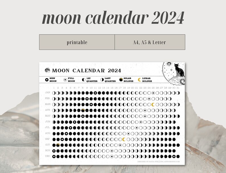 Moon Calendar Printable // Lunar Calendar 2024 // Moon Phases // Lunar
