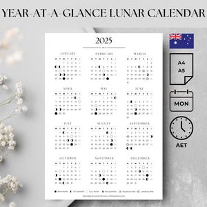 Könnte beinhalten: Ein schwarz-weißer druckbarer Mondkalender für 2025 mit den Mondphasen für jeden Monat. Der Kalender ist für die australische Ostzeit (AET) konzipiert.