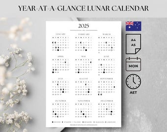 Lunar Calendar Year-at-a-Glance | Printable Moon Calendar 2025 | Southern Hemisphere | Australian Eastern Time | AstroMango