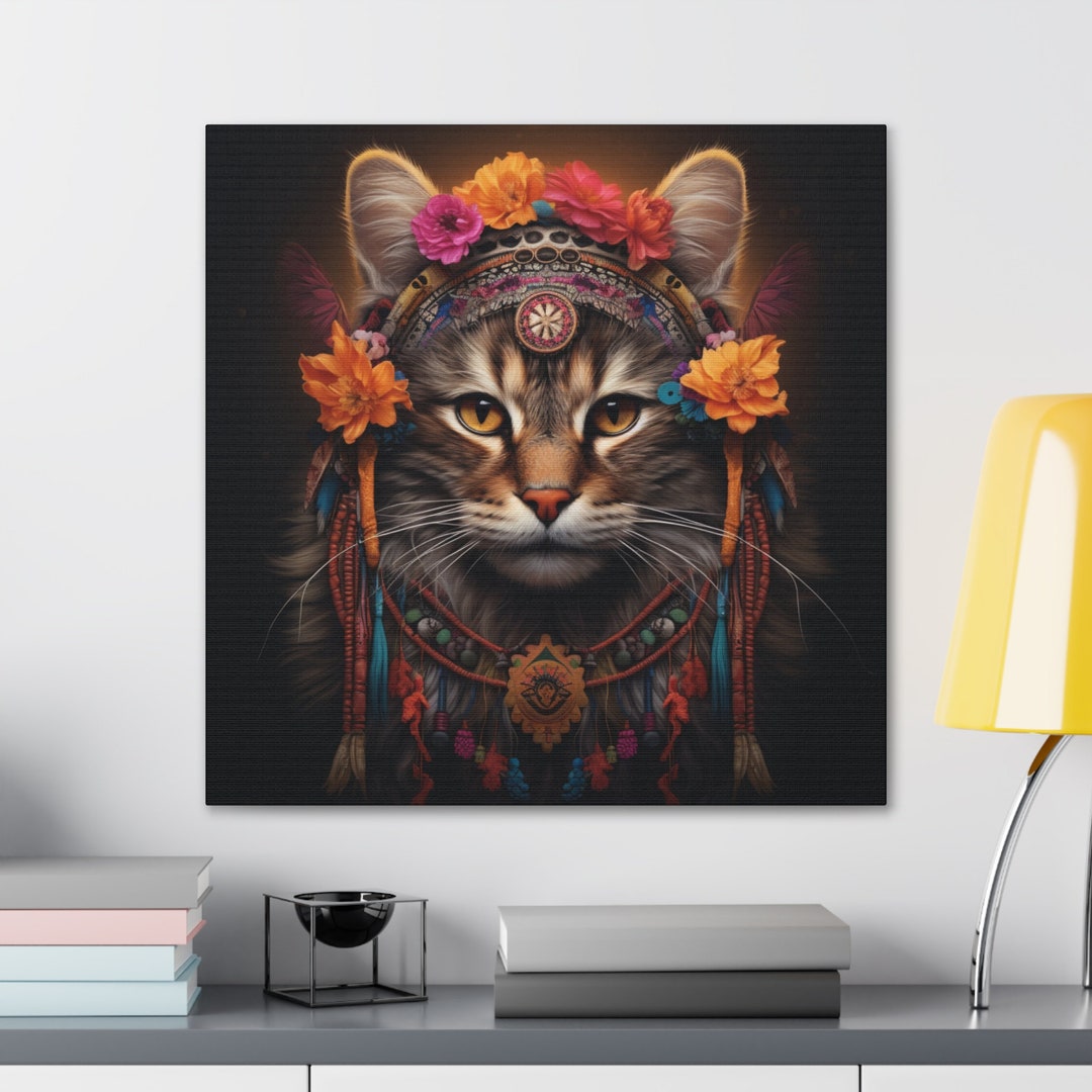 Boho Cat Design Canvas, Cat Art Canvas Wall Art, Animal Print, Cat Lover, Home Gift, Room Decor