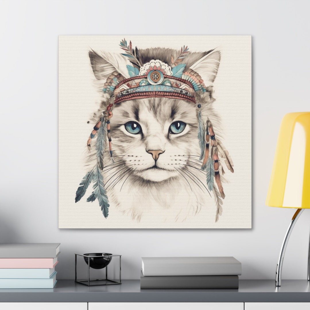 Boho Cat Design Canvas, Animal Print on Canvas, Cat Painting Wall Art