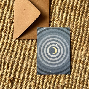 Tarjeta de felicitación ilustrada - Impresión de arte abstracto - Estrellas y luna nocturnas - Postal abstracta de luna - Mini impresión de arte de pared - Printspostcards